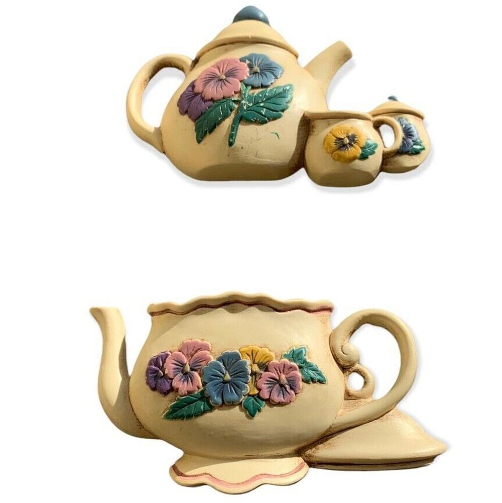 Vintage Home Interiors Tea Pot Pansies Wall Plaques Hanging Burwood Kitchen